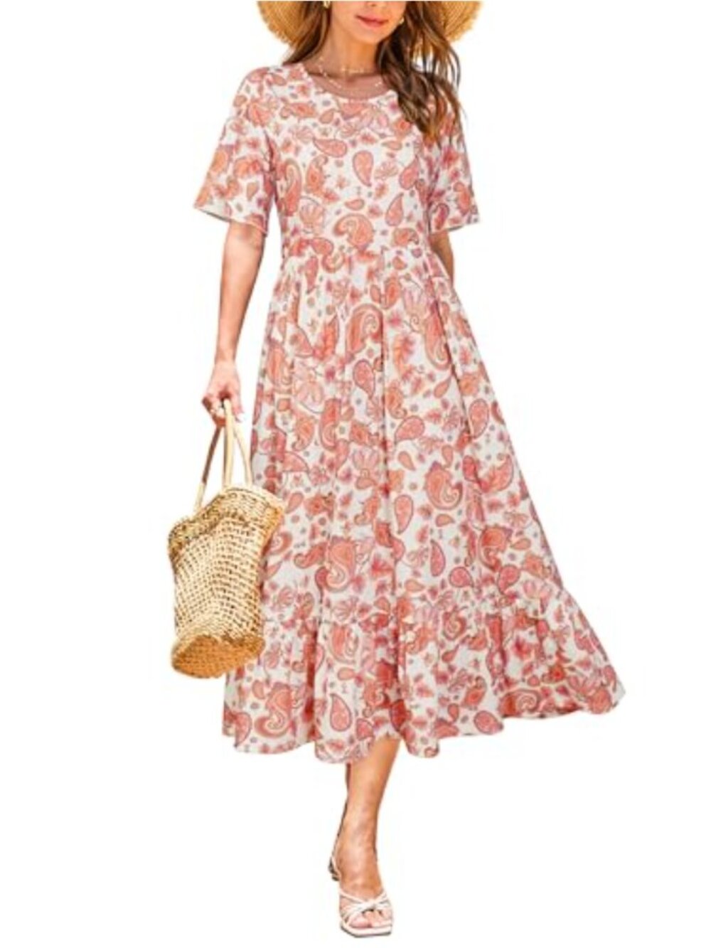 Women's Floral Ruffle Short Sleeve Swing Midi Dress with Pockets Casual Summer